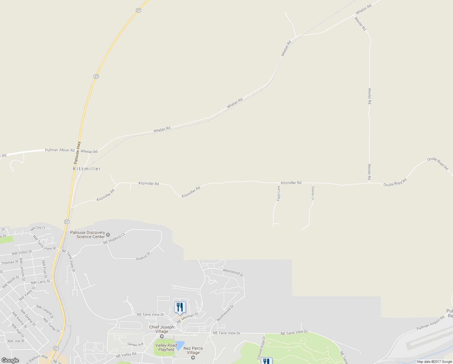 map of restaurants, bars, coffee shops, grocery stores, and more near Kitzmiller Road in Pullman