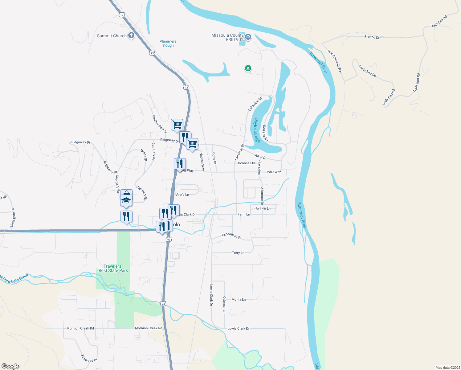 map of restaurants, bars, coffee shops, grocery stores, and more near 5550 Bison Ln in Lolo