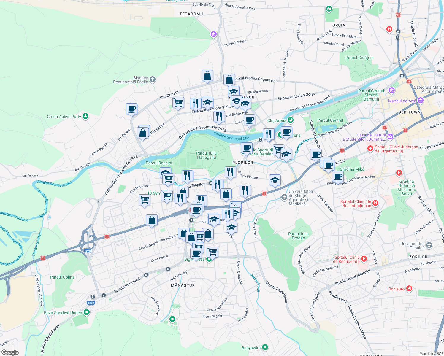 map of restaurants, bars, coffee shops, grocery stores, and more near in Cluj-Napoca