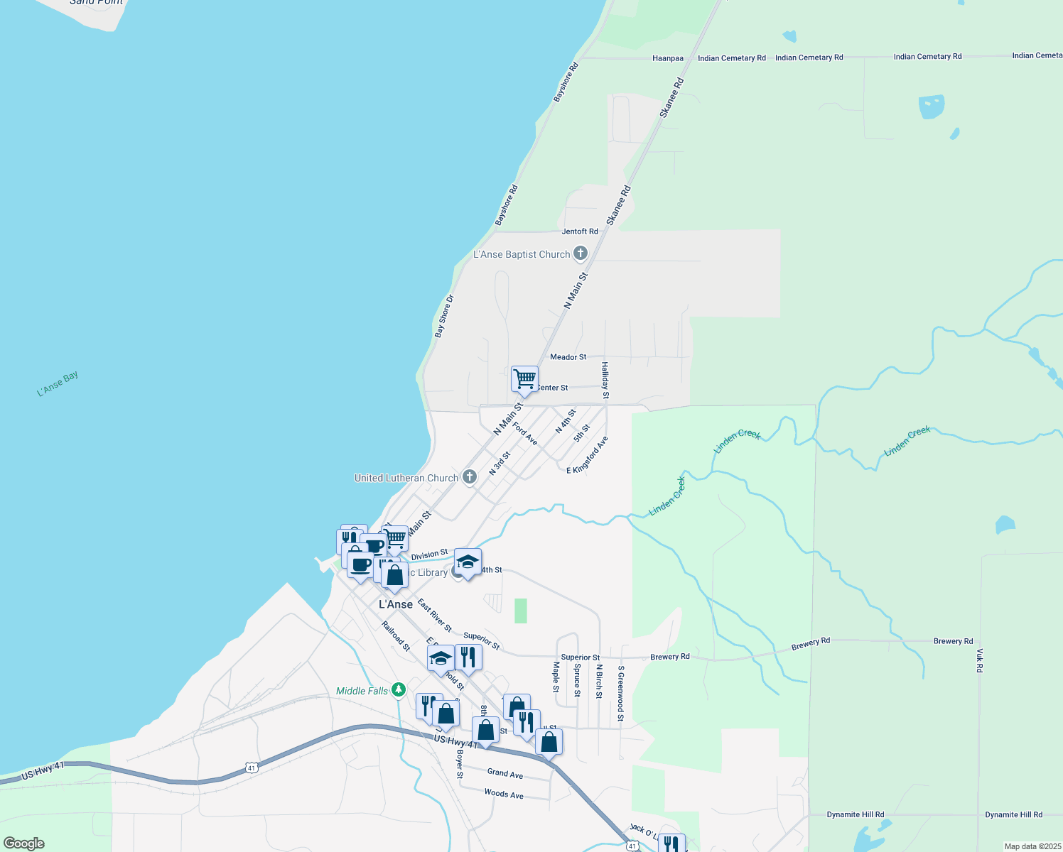 map of restaurants, bars, coffee shops, grocery stores, and more near 608 North 3rd Street in L'Anse