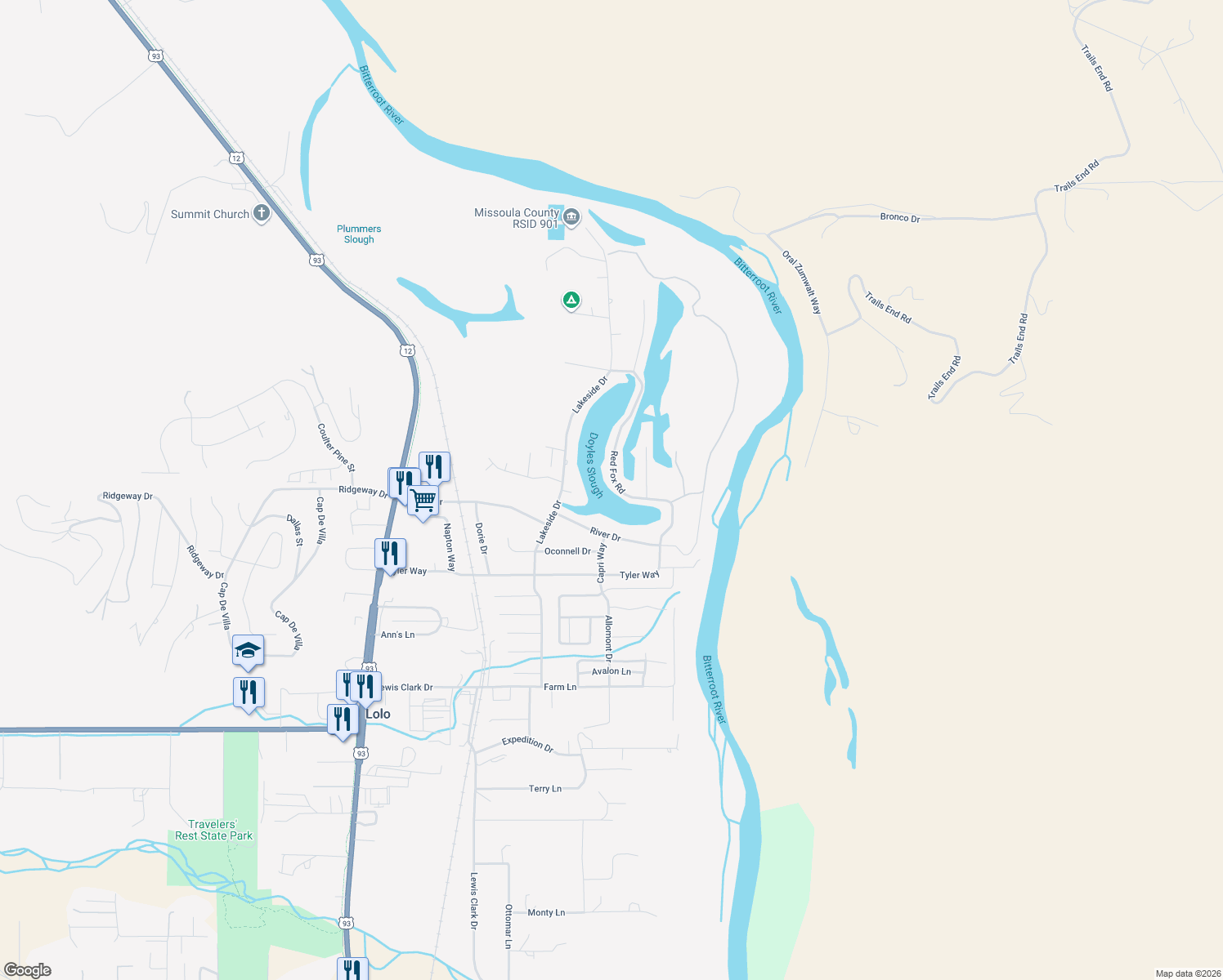 map of restaurants, bars, coffee shops, grocery stores, and more near 227 Red Fox Rd in Lolo