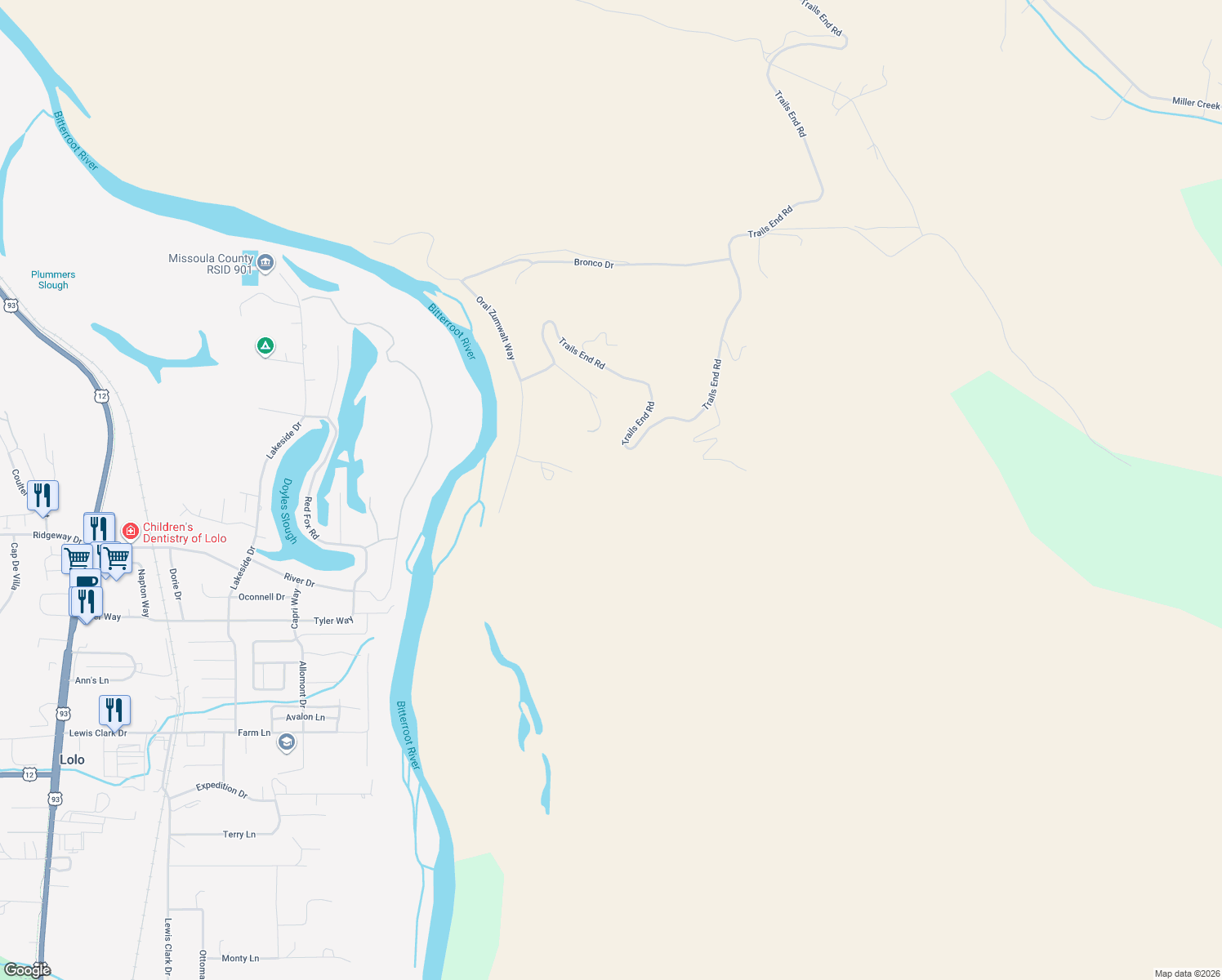 map of restaurants, bars, coffee shops, grocery stores, and more near 4250 Inclination Way in Missoula