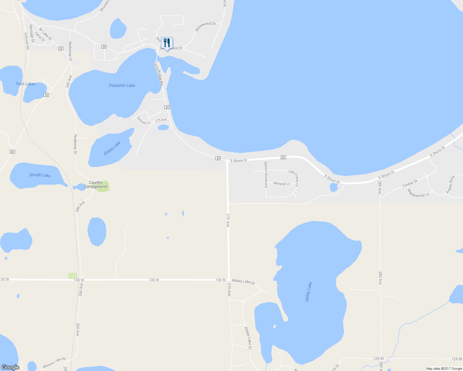 map of restaurants, bars, coffee shops, grocery stores, and more near 2103 270 Avenue in Detroit Lakes