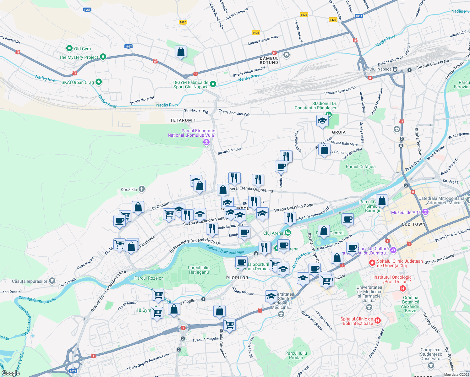 map of restaurants, bars, coffee shops, grocery stores, and more near 71 Strada Eremia Grigorescu in Cluj-Napoca