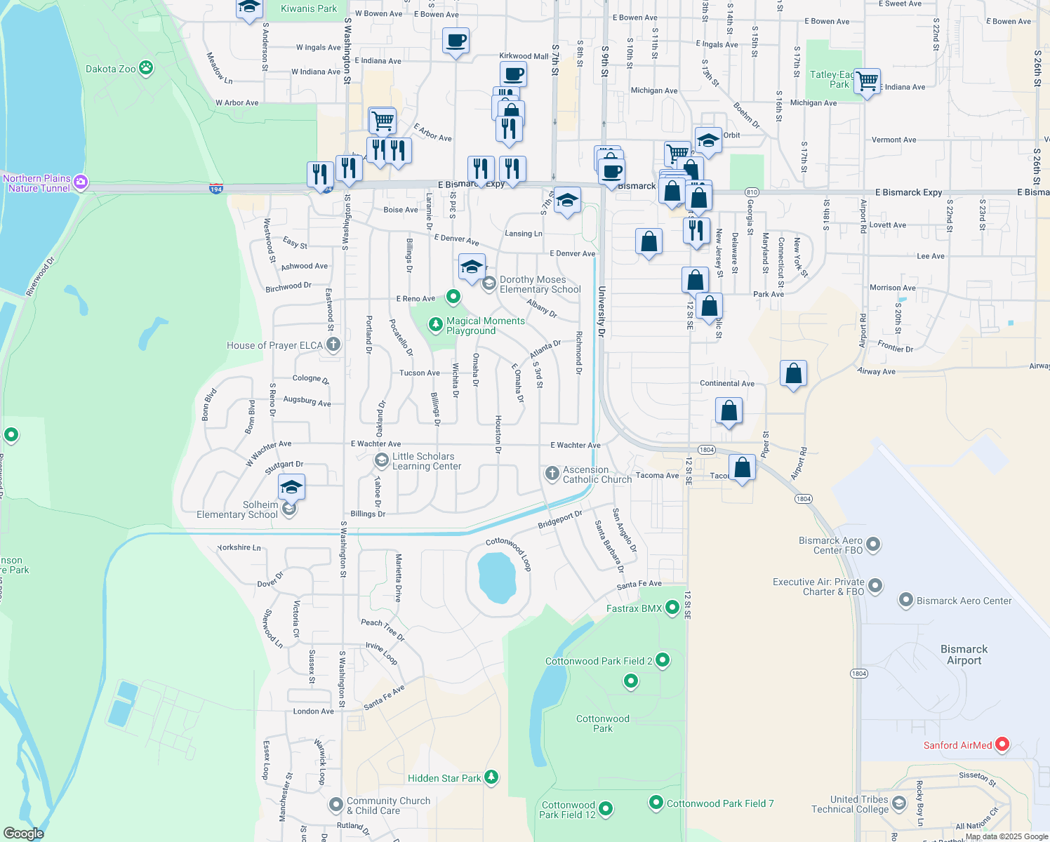 map of restaurants, bars, coffee shops, grocery stores, and more near 1725 East Omaha Drive in Bismarck