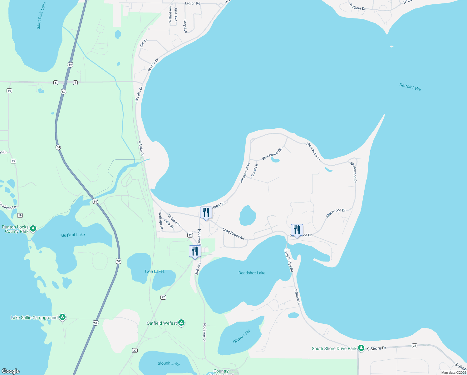 map of restaurants, bars, coffee shops, grocery stores, and more near 216 Shorewood Drive in Detroit Lakes
