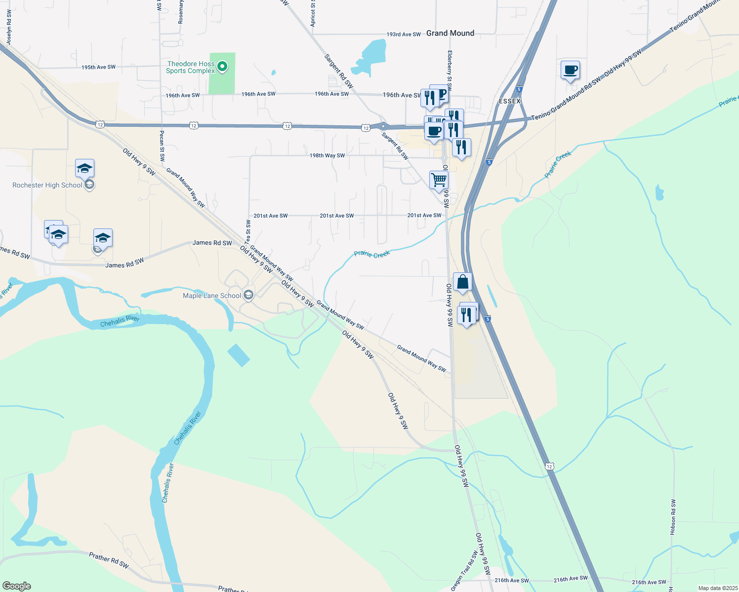 map of restaurants, bars, coffee shops, grocery stores, and more near 20419 Oak Lane Southwest in Centralia