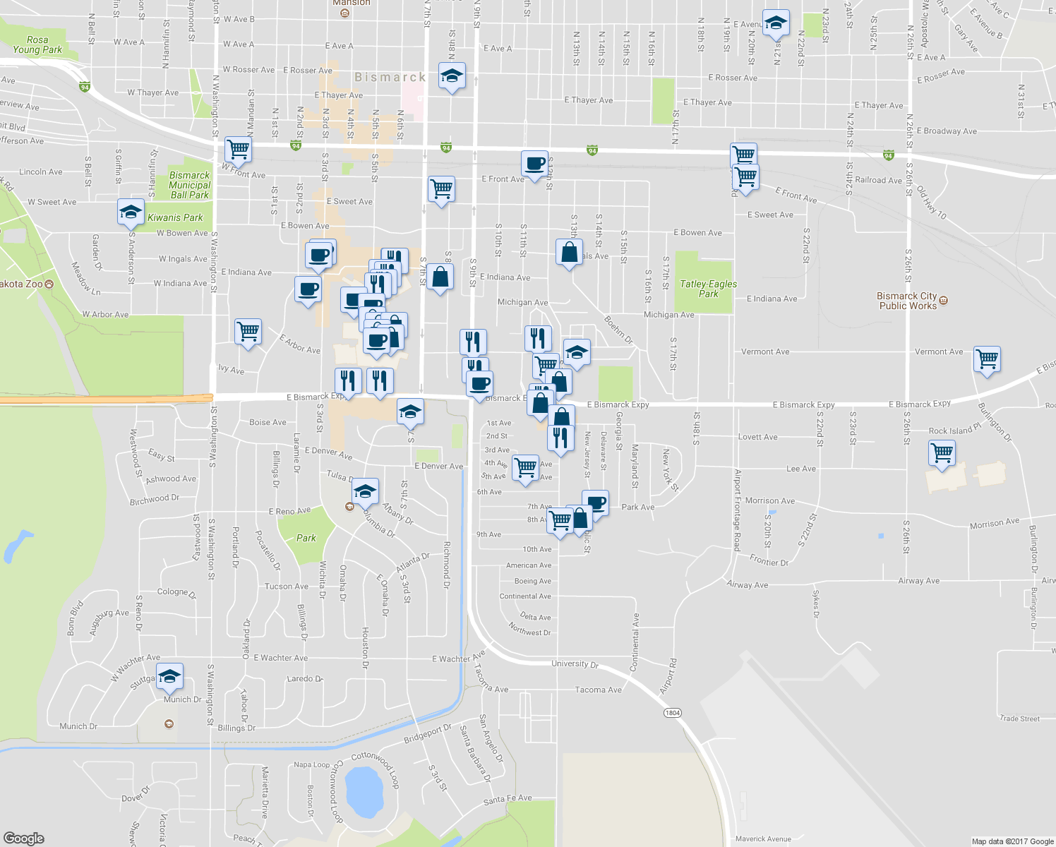 map of restaurants, bars, coffee shops, grocery stores, and more near 1121 South 11th Street in Bismarck