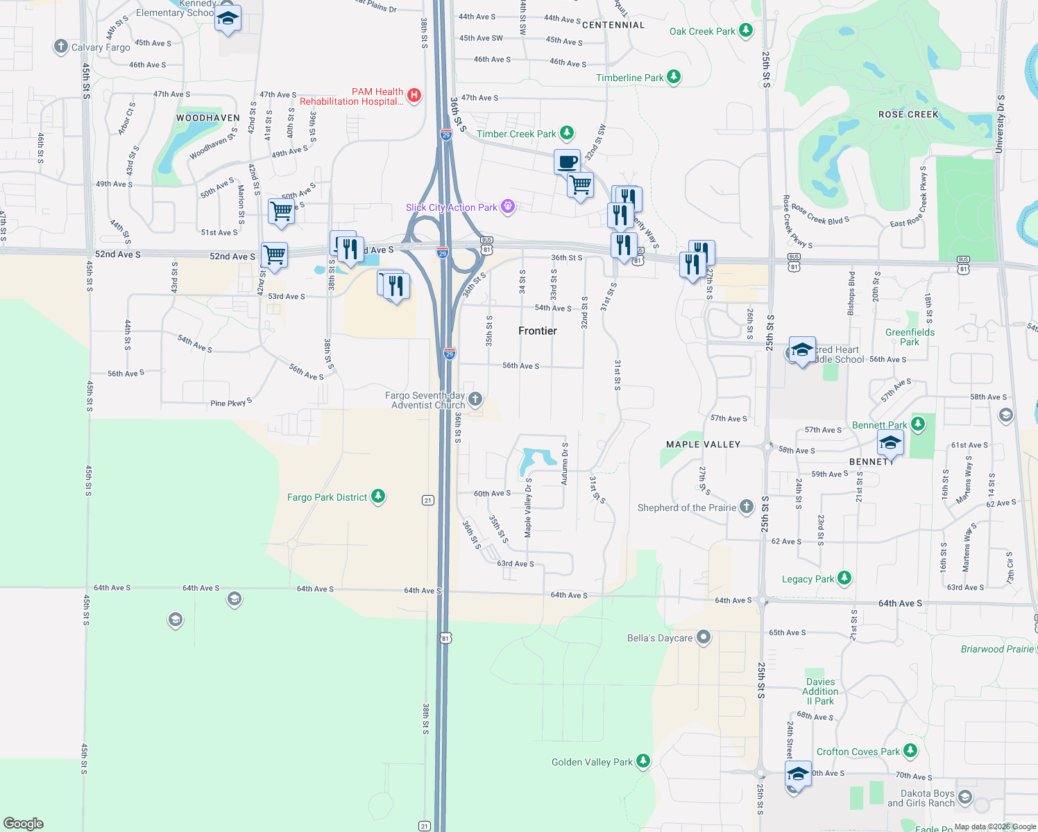 map of restaurants, bars, coffee shops, grocery stores, and more near 5722 34th St SW in Frontier