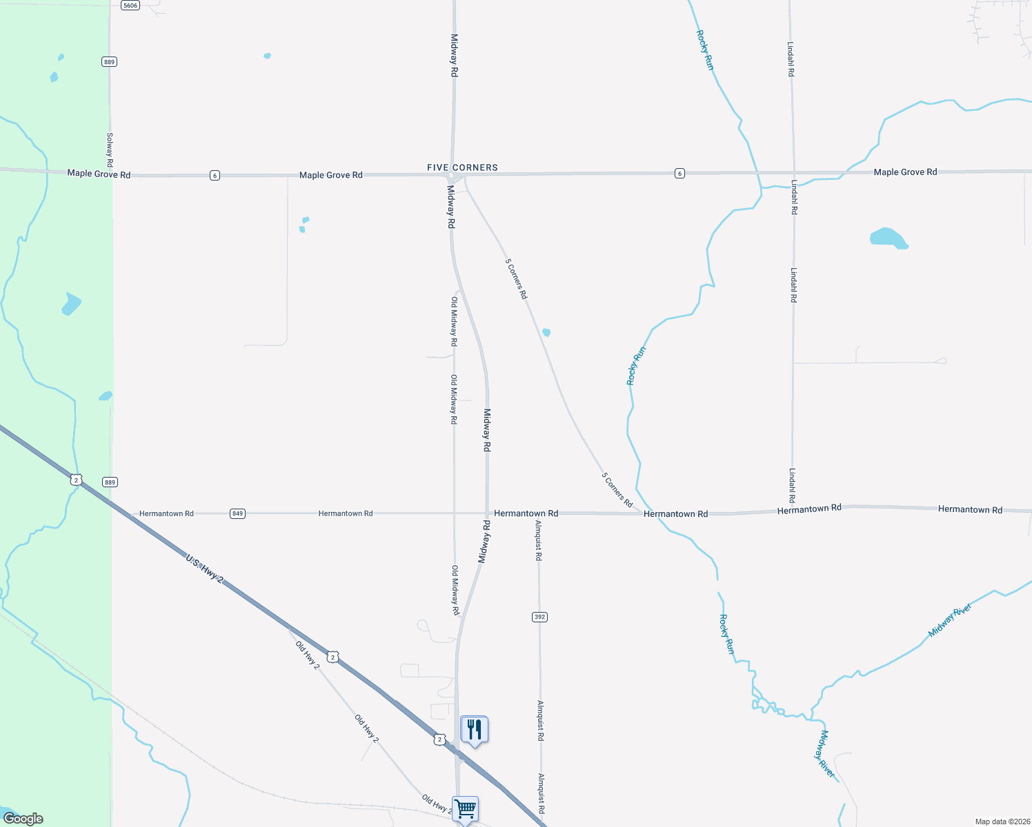map of restaurants, bars, coffee shops, grocery stores, and more near 3958 Midway Road in Hermantown