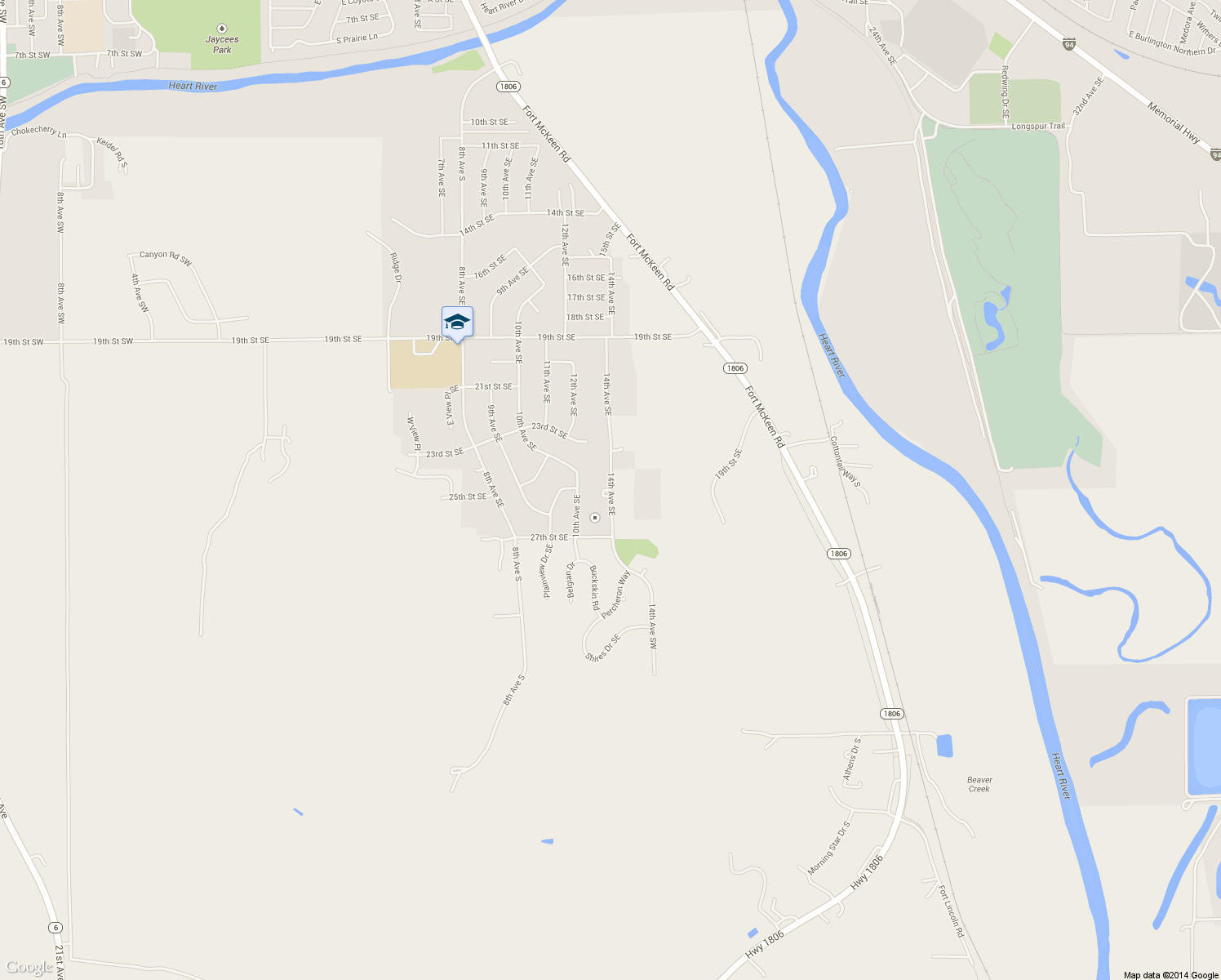 map of restaurants, bars, coffee shops, grocery stores, and more near 2619 14th Avenue Southeast in Mandan