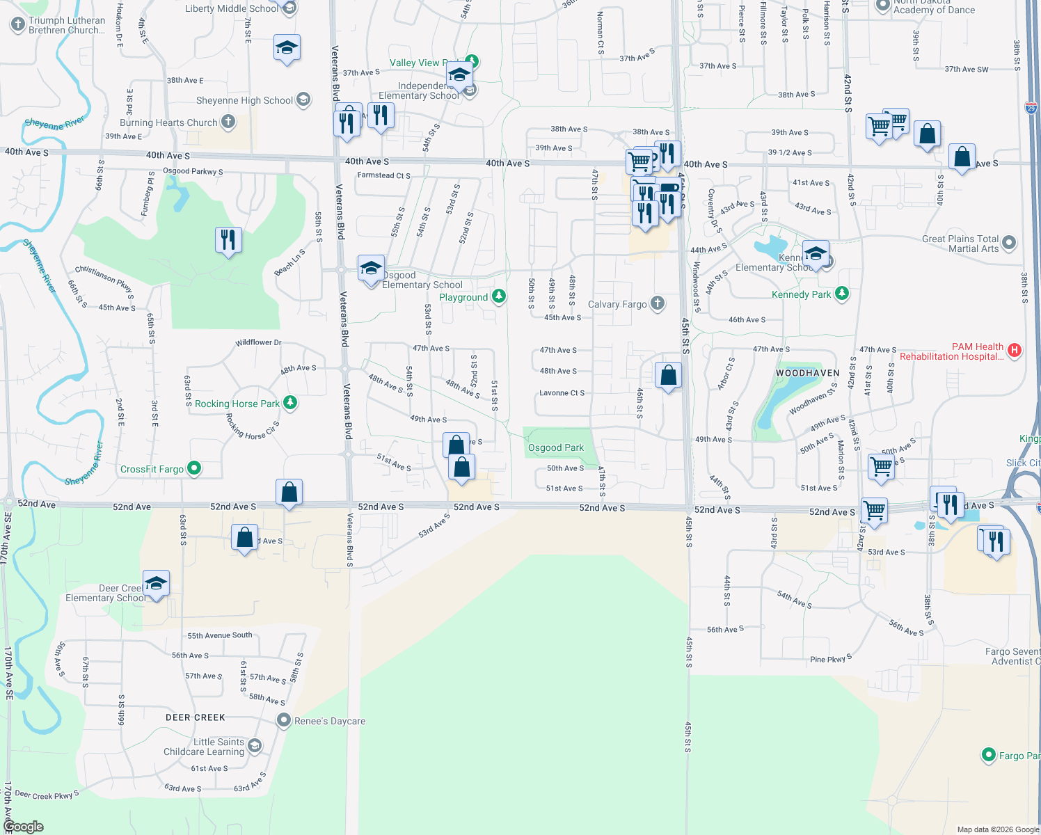 map of restaurants, bars, coffee shops, grocery stores, and more near 5051 52nd Avenue South in Fargo
