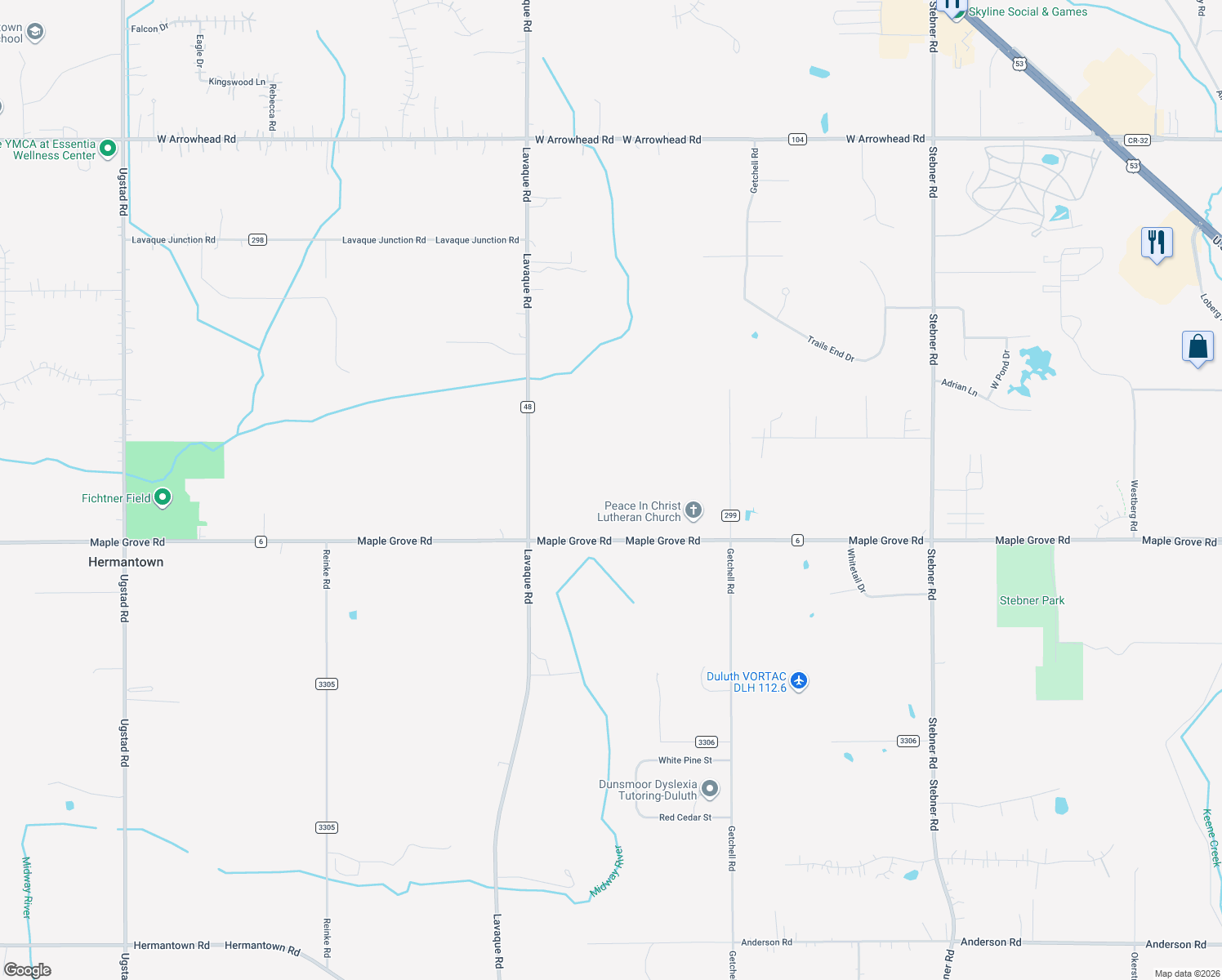 map of restaurants, bars, coffee shops, grocery stores, and more near 5061 Maple Grove Road in Hermantown