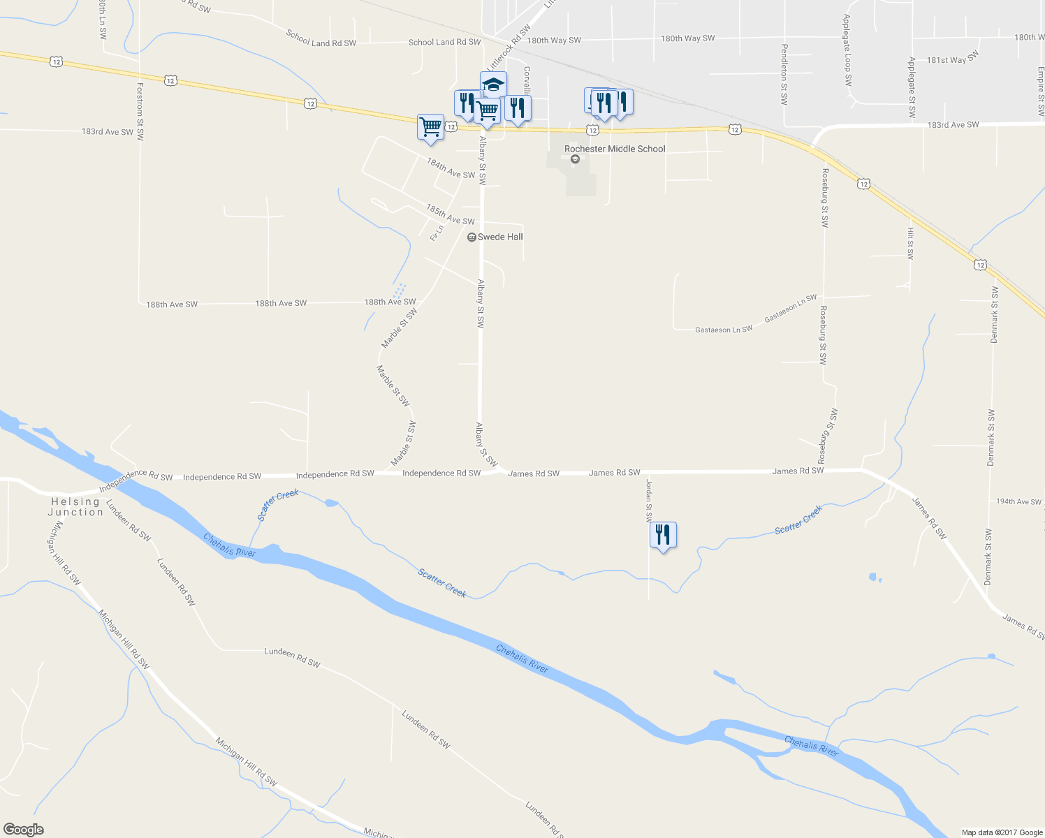 map of restaurants, bars, coffee shops, grocery stores, and more near 19132 Albany Street Southwest in Rochester
