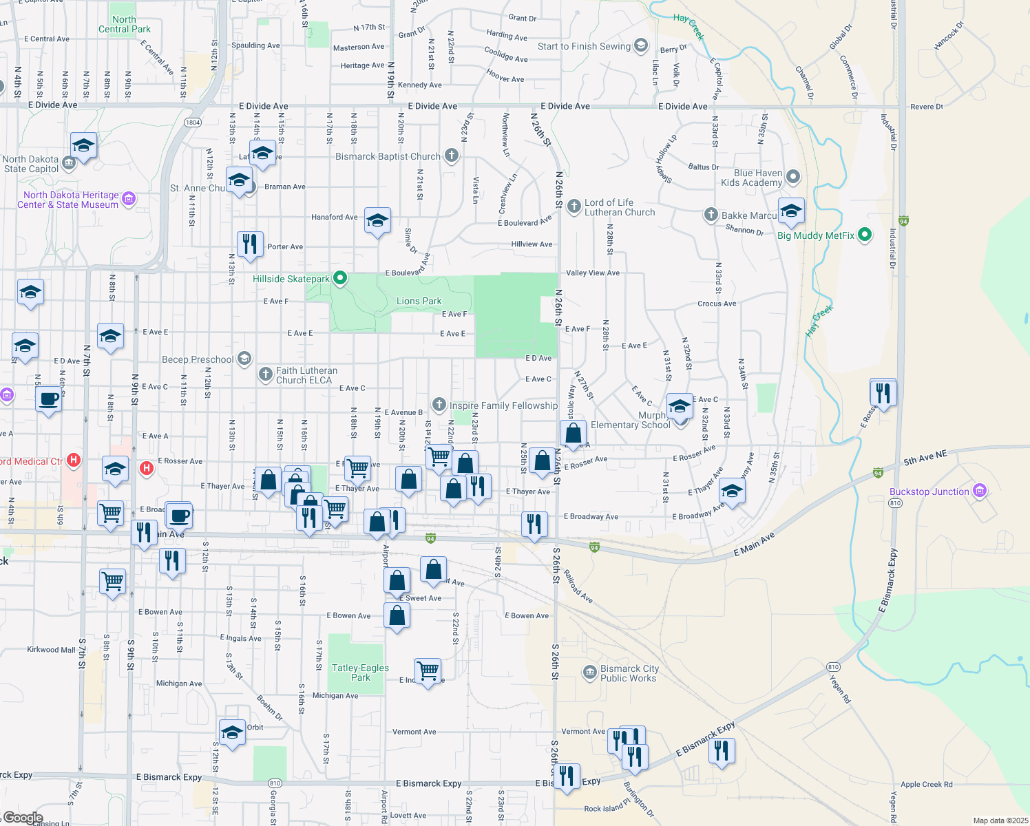 map of restaurants, bars, coffee shops, grocery stores, and more near 606 North 25th Street in Bismarck