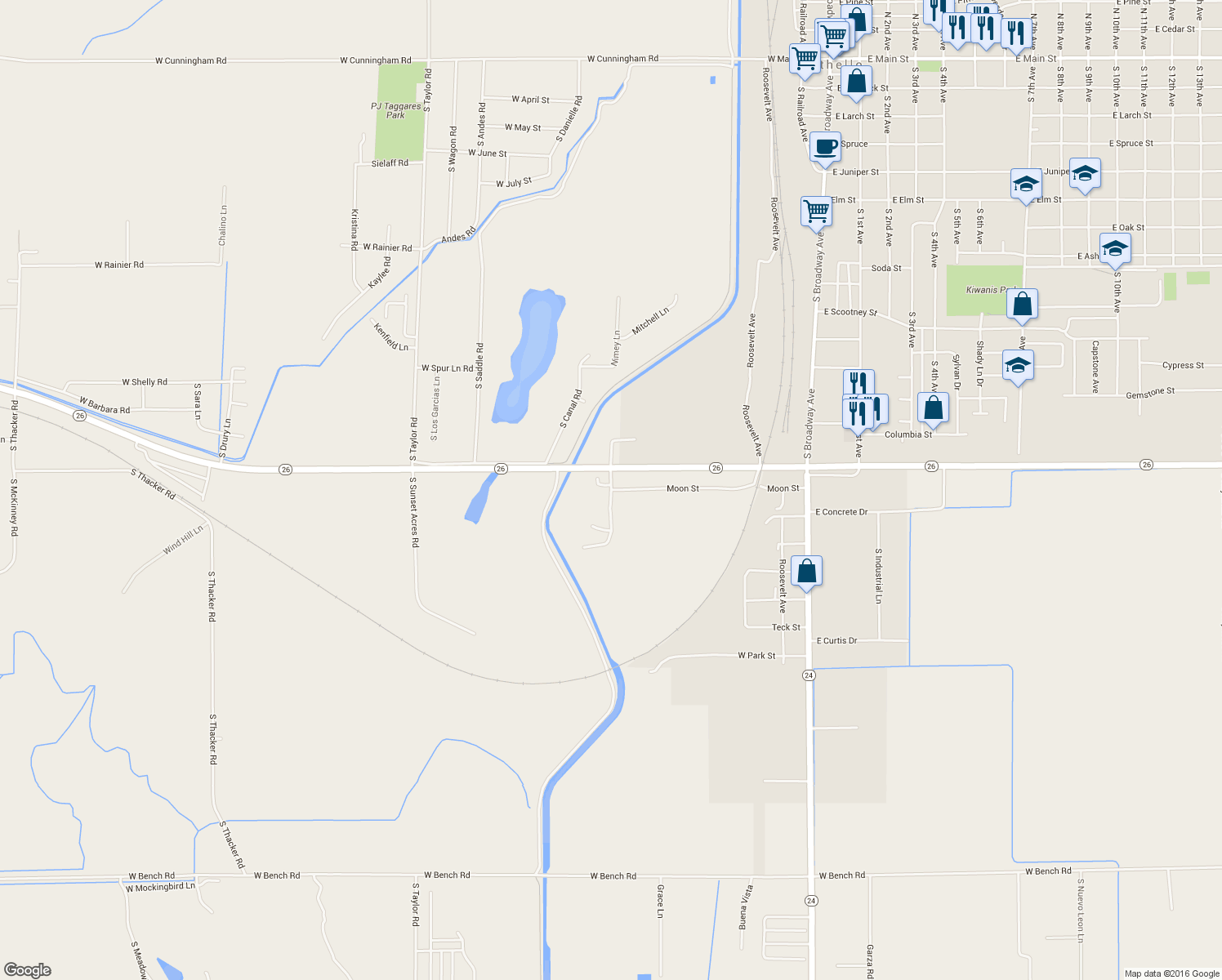 map of restaurants, bars, coffee shops, grocery stores, and more near West Moon Street in Othello