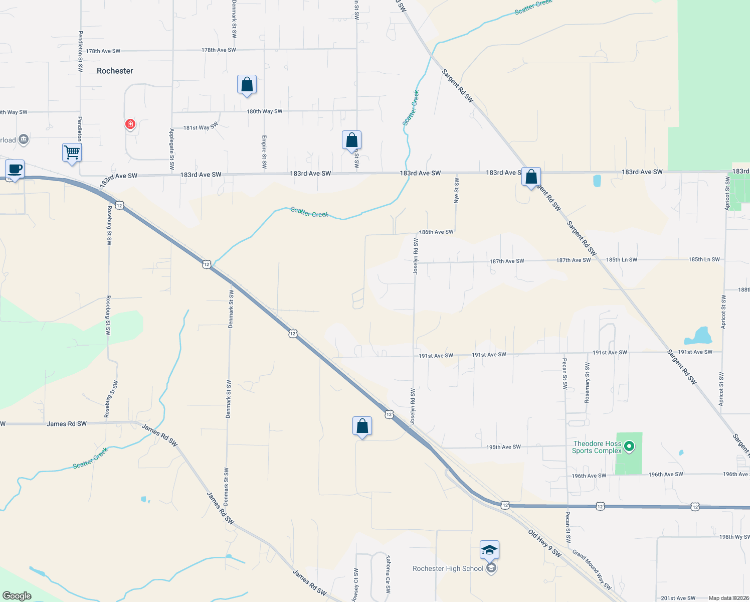 map of restaurants, bars, coffee shops, grocery stores, and more near 8011 188th Avenue Southwest in Rochester