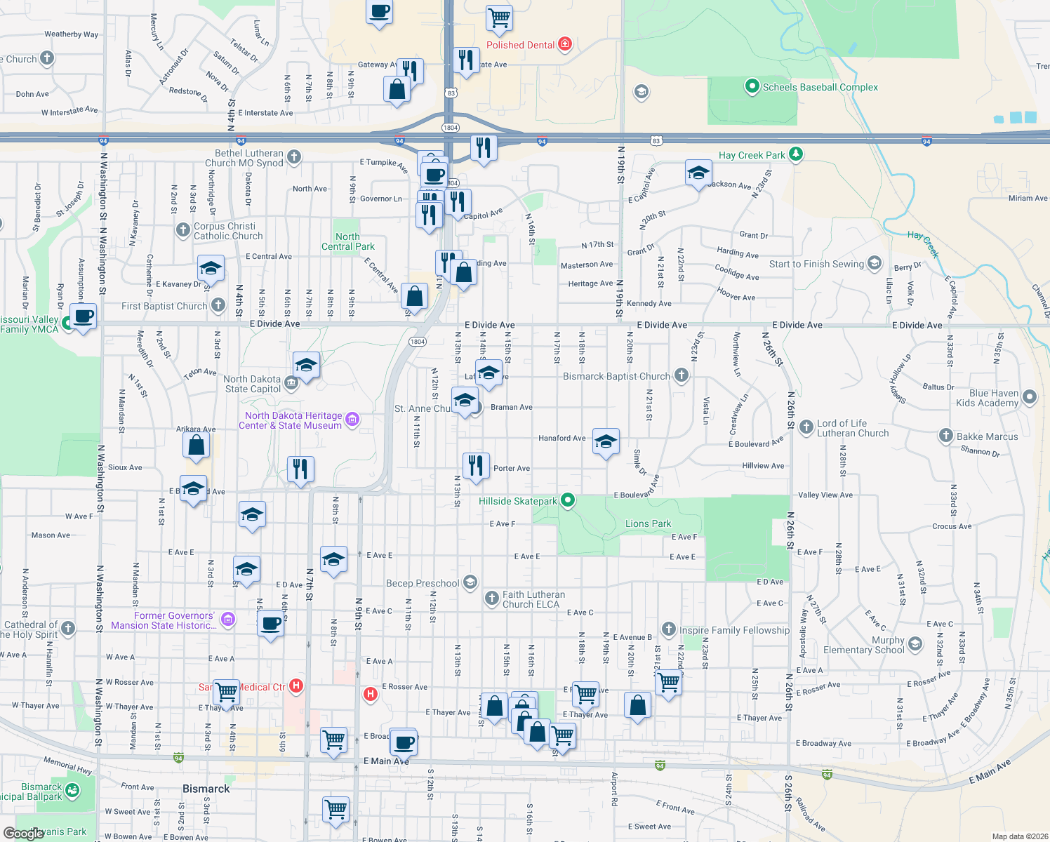 map of restaurants, bars, coffee shops, grocery stores, and more near 1318 N 16th St in Bismarck