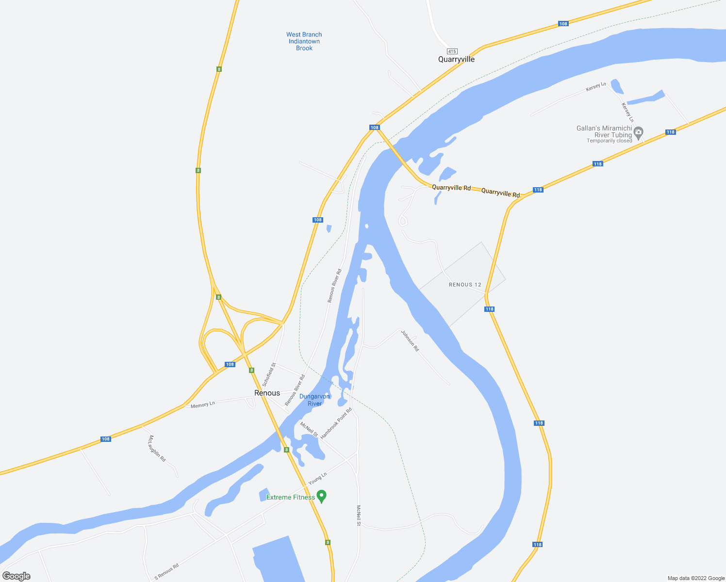 map of restaurants, bars, coffee shops, grocery stores, and more near 95 Hambrook Point Road in Renous