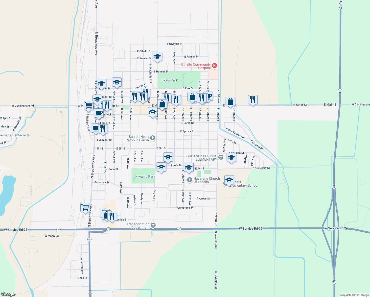 map of restaurants, bars, coffee shops, grocery stores, and more near 1020 East Elm Street in Othello