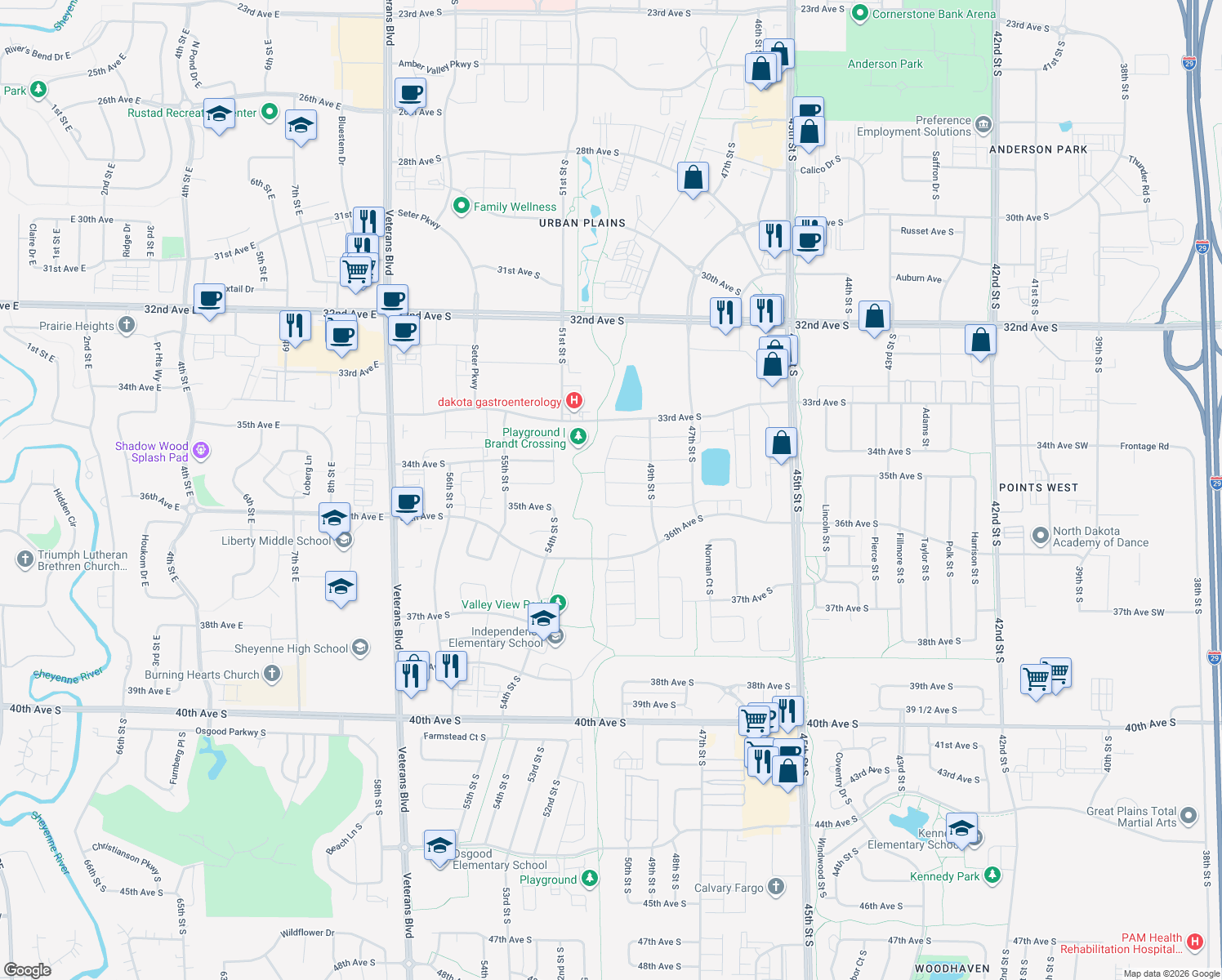 map of restaurants, bars, coffee shops, grocery stores, and more near 4986 35th Avenue South in Fargo
