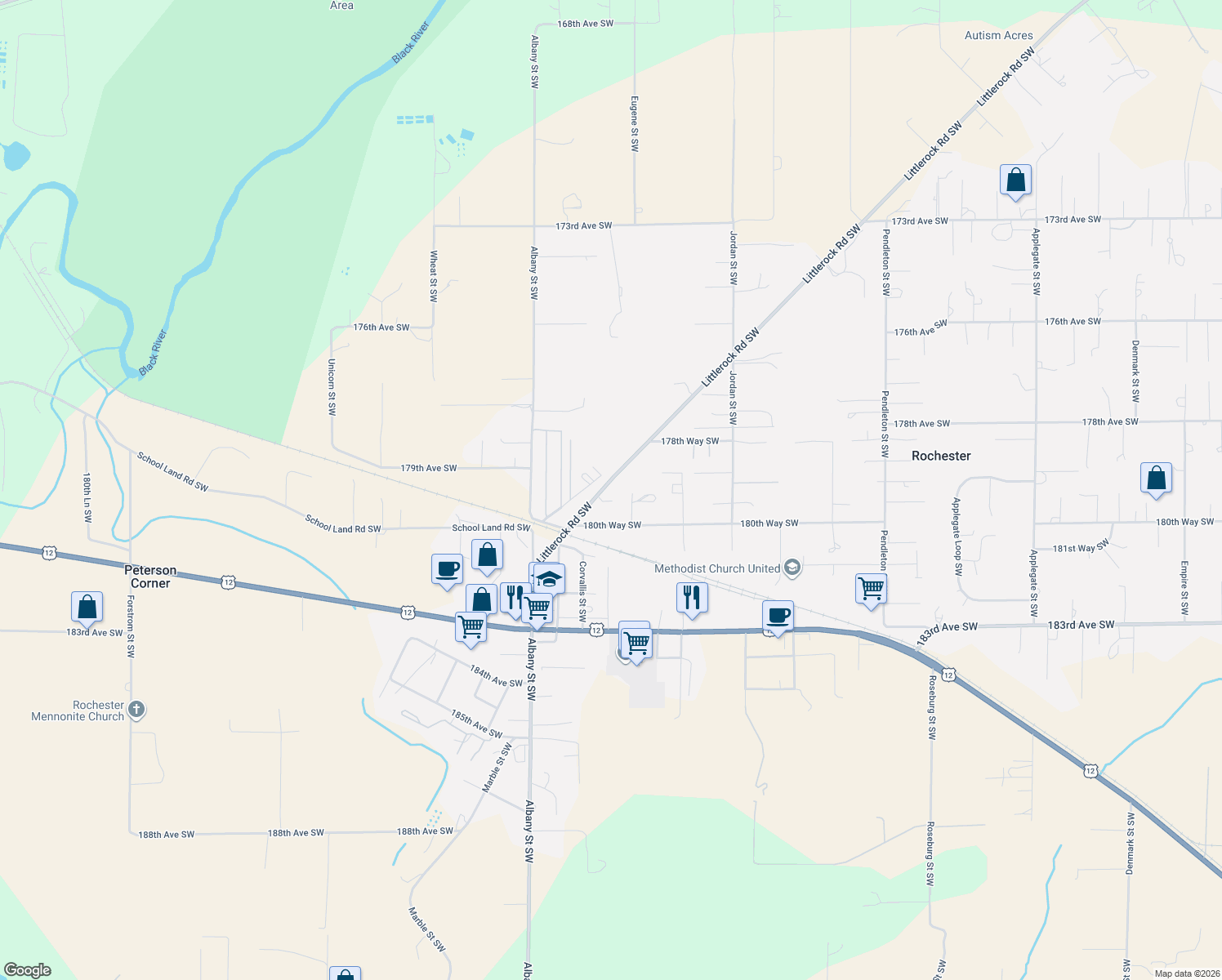 map of restaurants, bars, coffee shops, grocery stores, and more near 17926 Littlerock Rd SW in Rochester