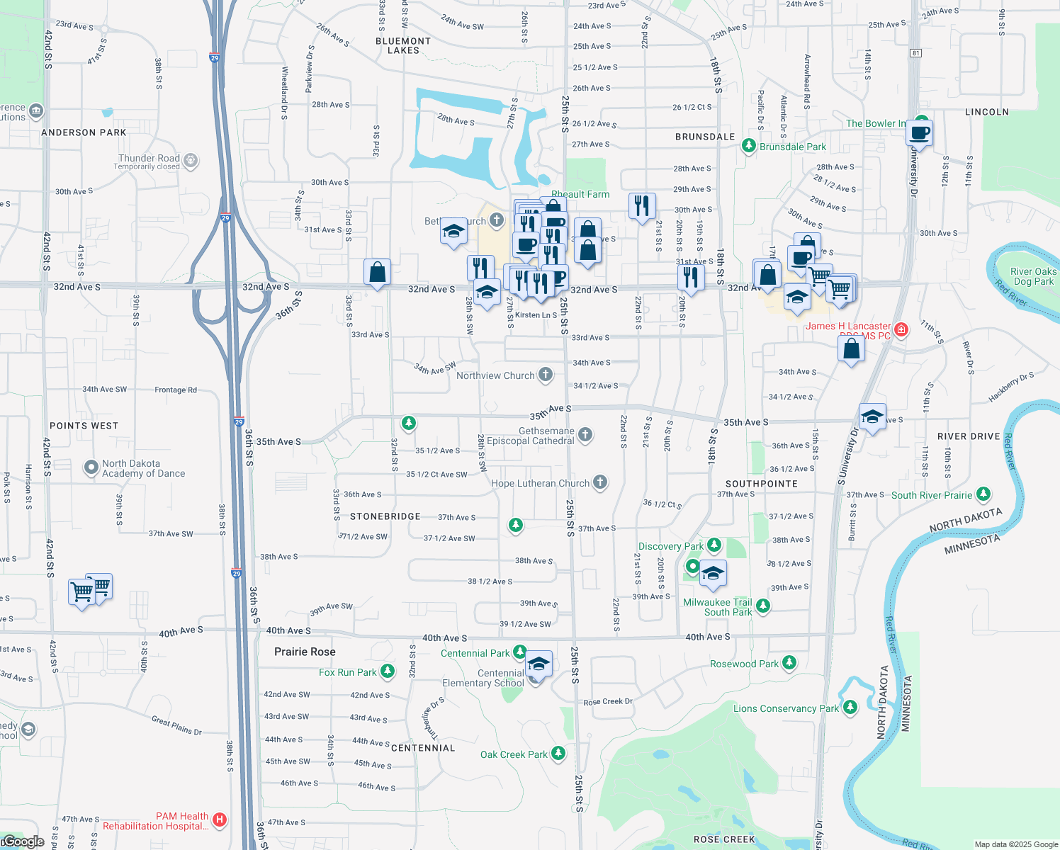 map of restaurants, bars, coffee shops, grocery stores, and more near 2610 35th Ave S in Fargo