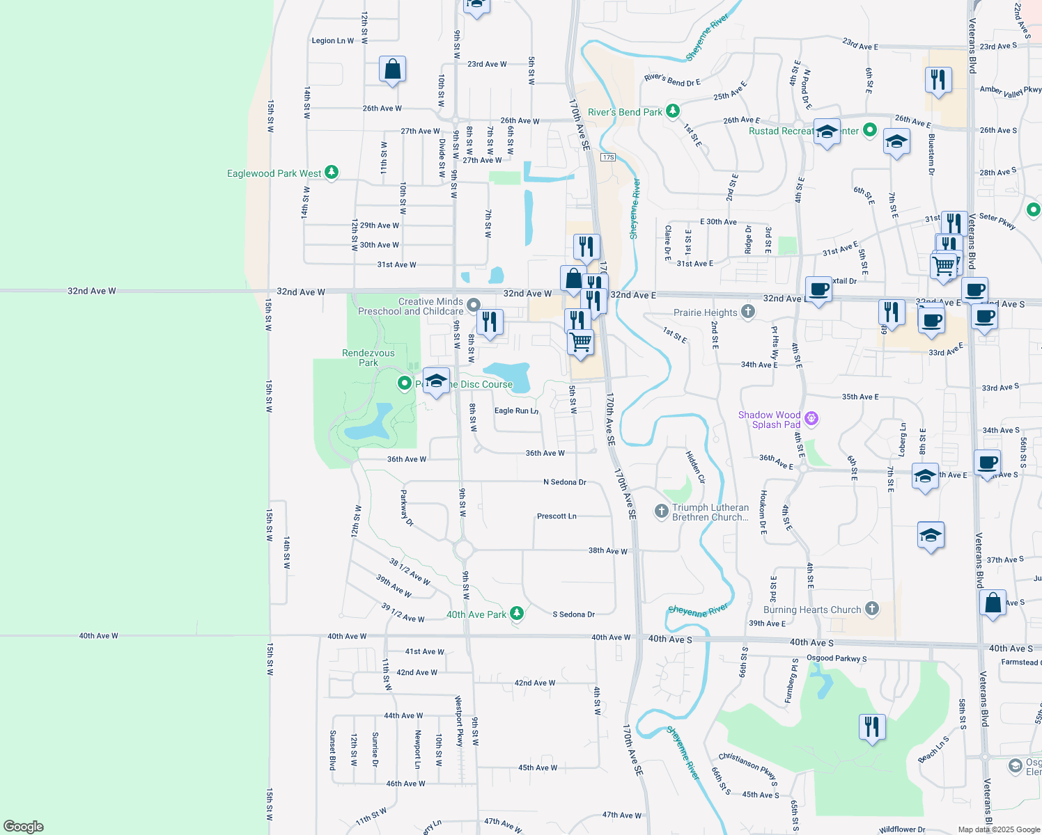 map of restaurants, bars, coffee shops, grocery stores, and more near 3462 Eagle Run Lane in West Fargo