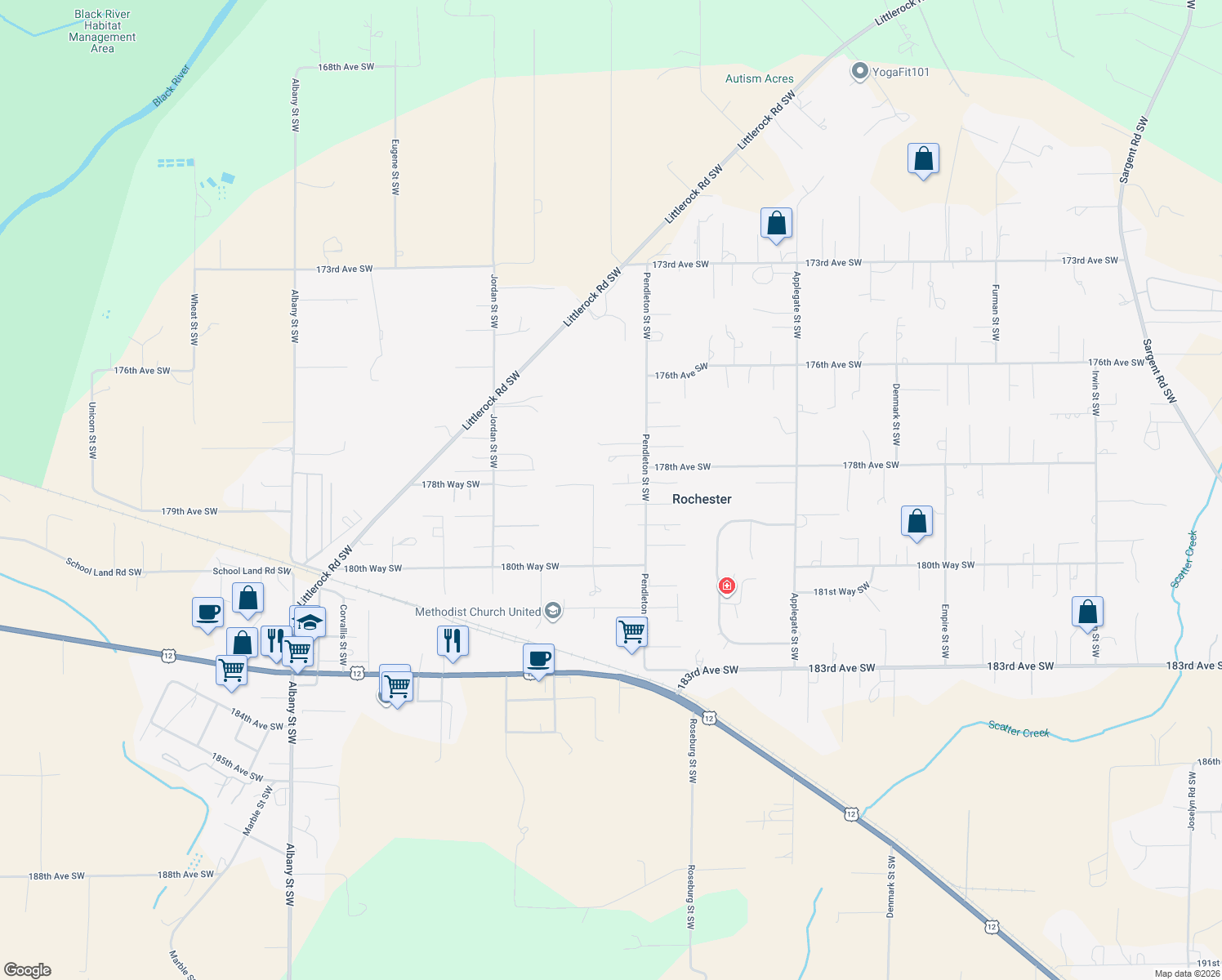 map of restaurants, bars, coffee shops, grocery stores, and more near 17920 Daryl Ln SW in Rochester