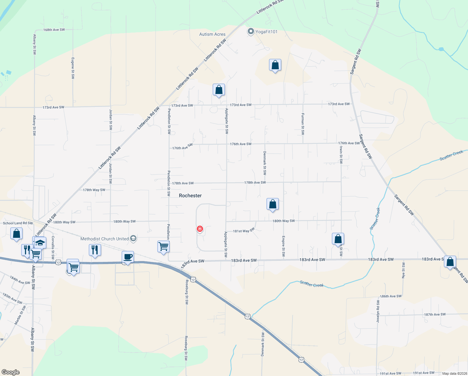 map of restaurants, bars, coffee shops, grocery stores, and more near 8927 178th Avenue Southwest in Rochester