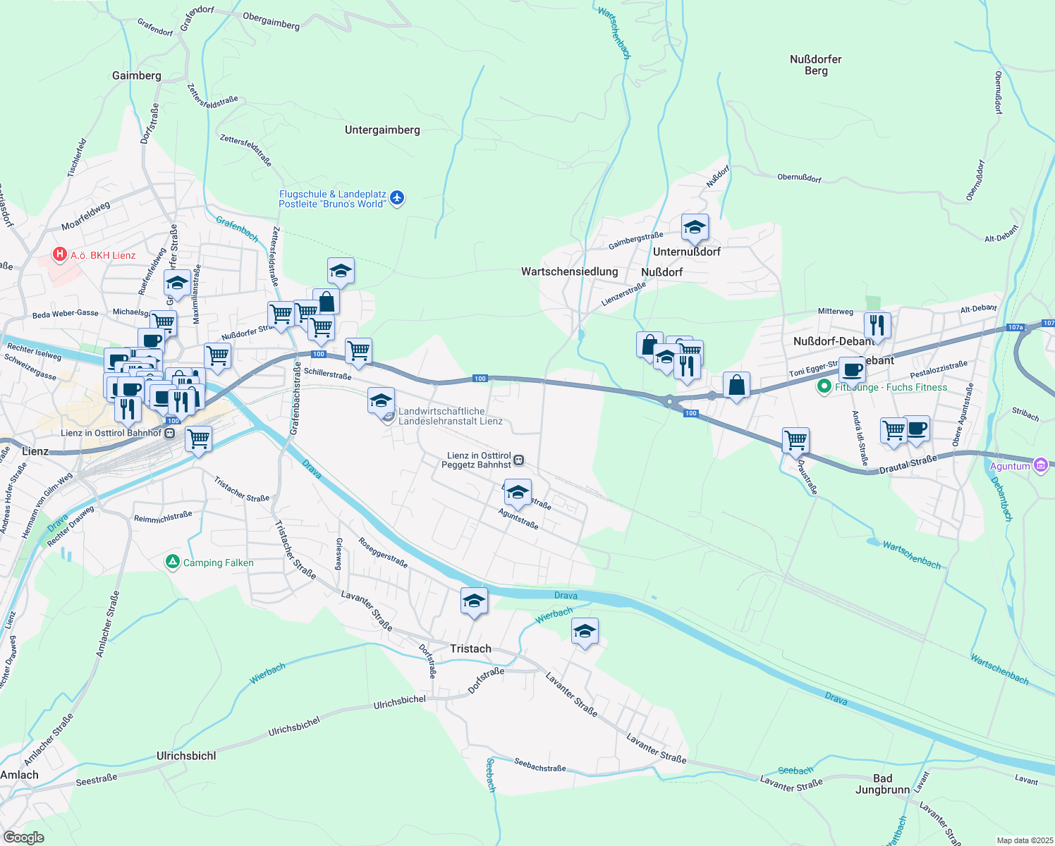 map of restaurants, bars, coffee shops, grocery stores, and more near 11 Julius-Durst-Straße in Lienz