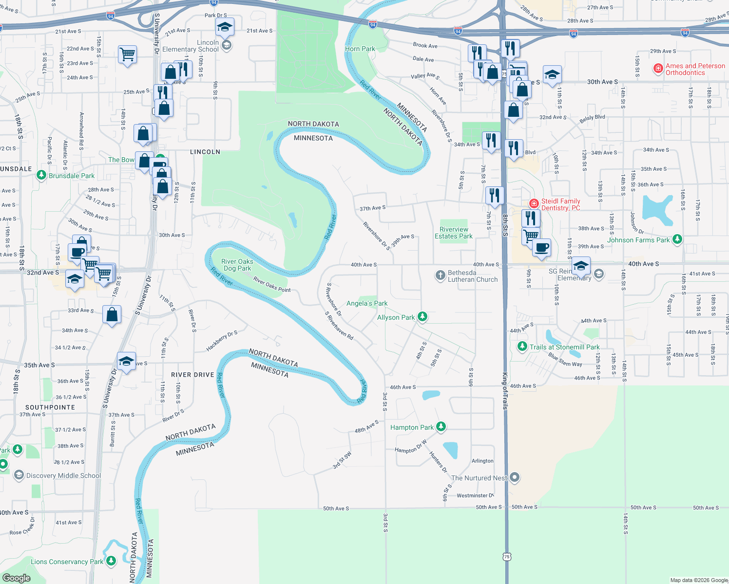 map of restaurants, bars, coffee shops, grocery stores, and more near 4012 South Rivershore Drive in Moorhead