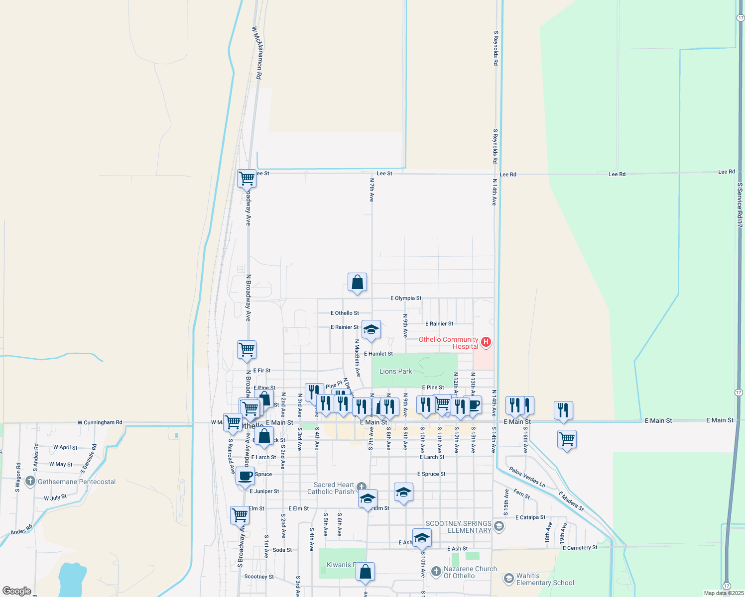 map of restaurants, bars, coffee shops, grocery stores, and more near N 7th Ave in Othello
