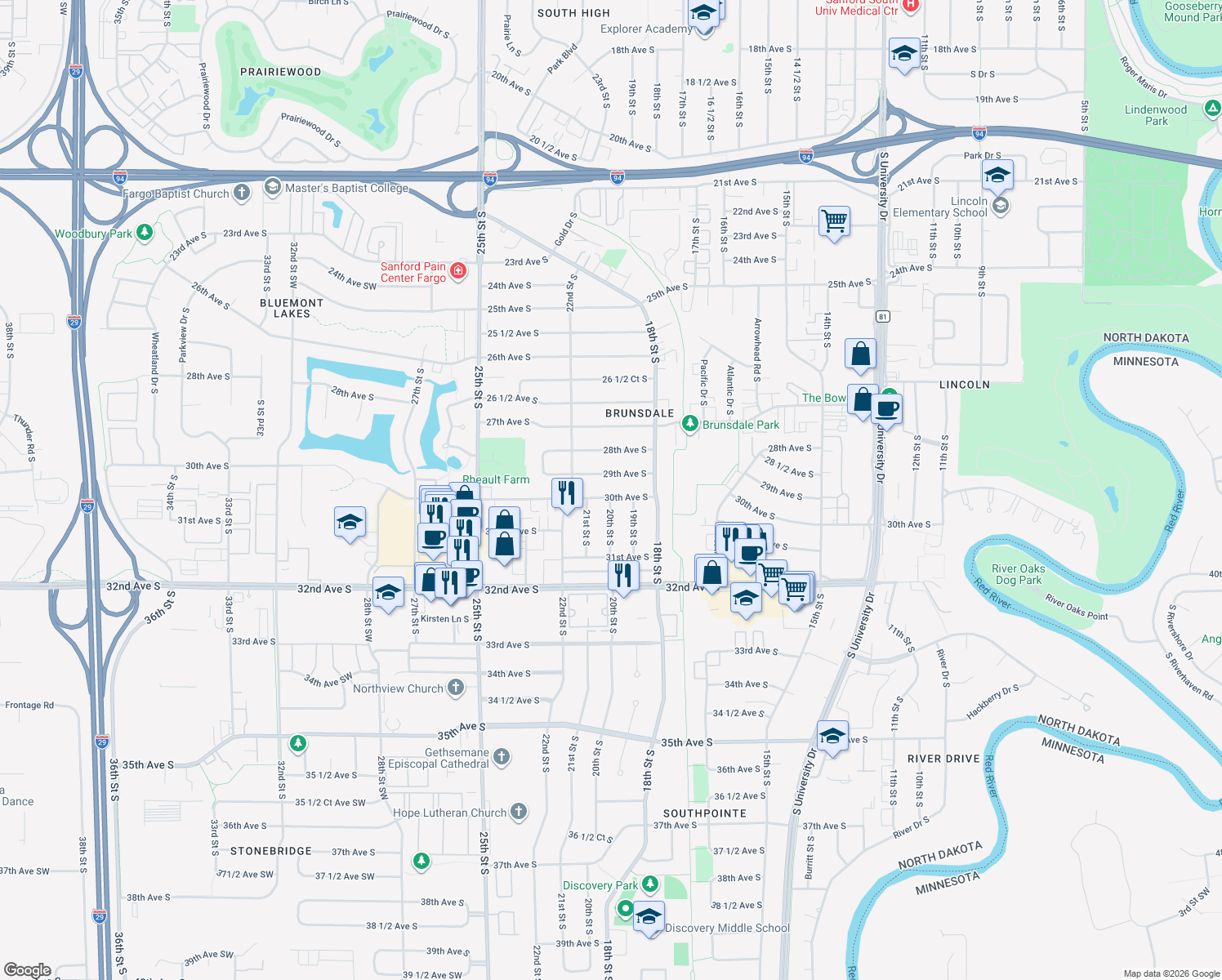 map of restaurants, bars, coffee shops, grocery stores, and more near 2001 30th Ave S in Fargo