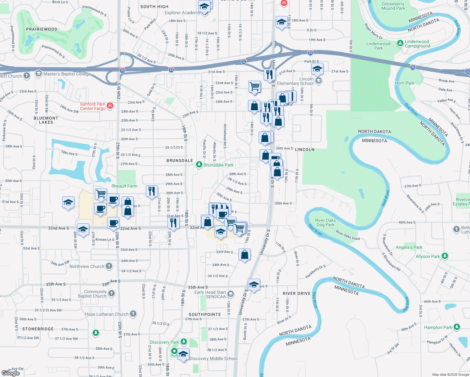 map of restaurants, bars, coffee shops, grocery stores, and more near 1601 29th Avenue South in Fargo