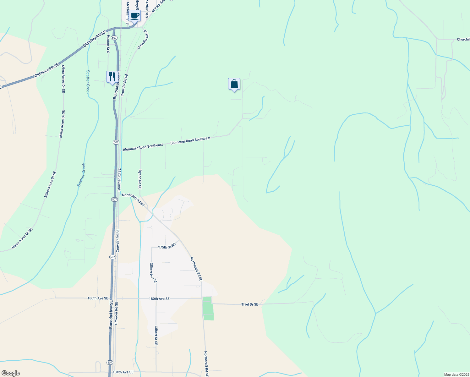 map of restaurants, bars, coffee shops, grocery stores, and more near 17241 Crane Street Southeast in Tenino