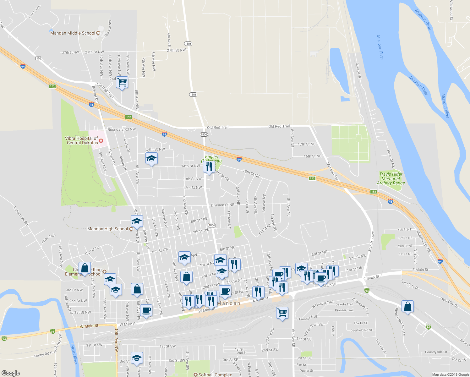 map of restaurants, bars, coffee shops, grocery stores, and more near 1303 3rd Avenue Northeast in Mandan