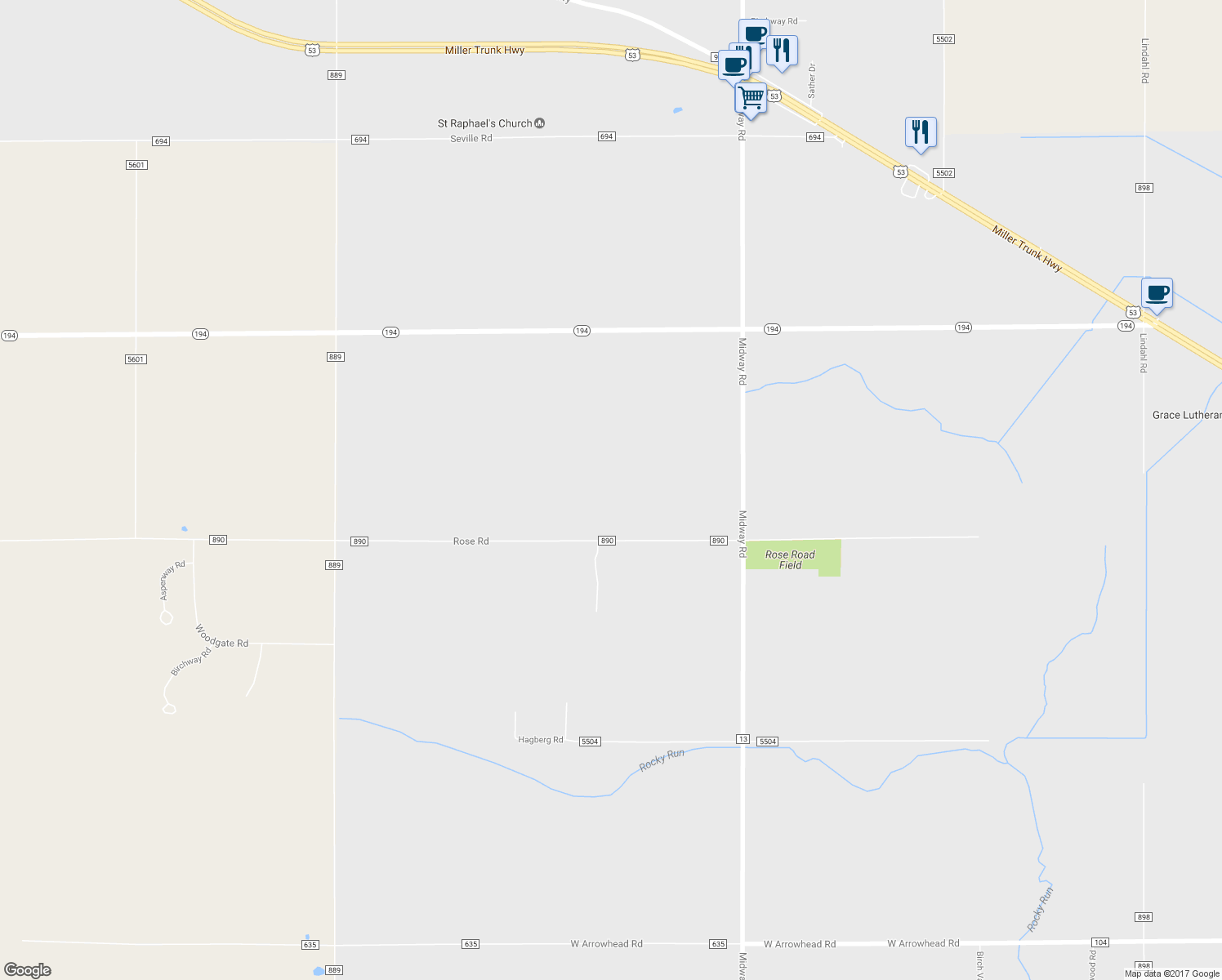 map of restaurants, bars, coffee shops, grocery stores, and more near 5767 Rose Road in Hermantown
