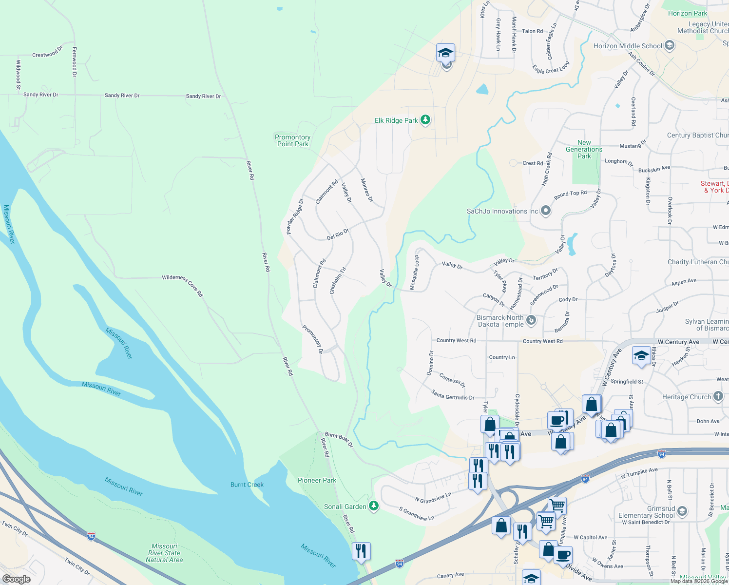 map of restaurants, bars, coffee shops, grocery stores, and more near 2507 Powder Ridge Circle in Bismarck