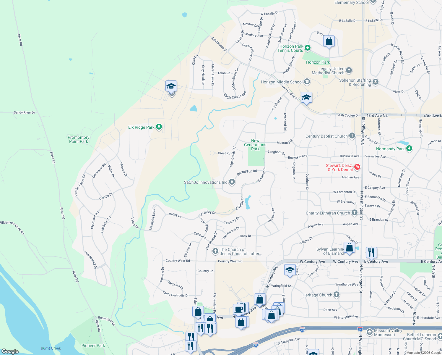 map of restaurants, bars, coffee shops, grocery stores, and more near 3618 High Creek Road in Bismarck