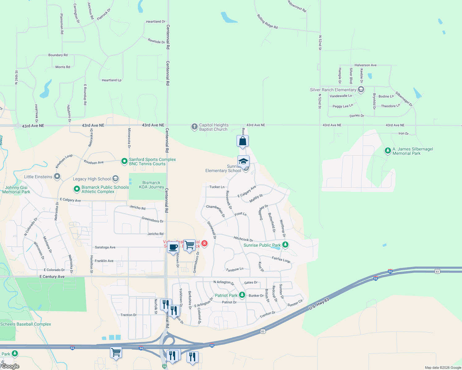 map of restaurants, bars, coffee shops, grocery stores, and more near 3629 Roosevelt Drive in Bismarck