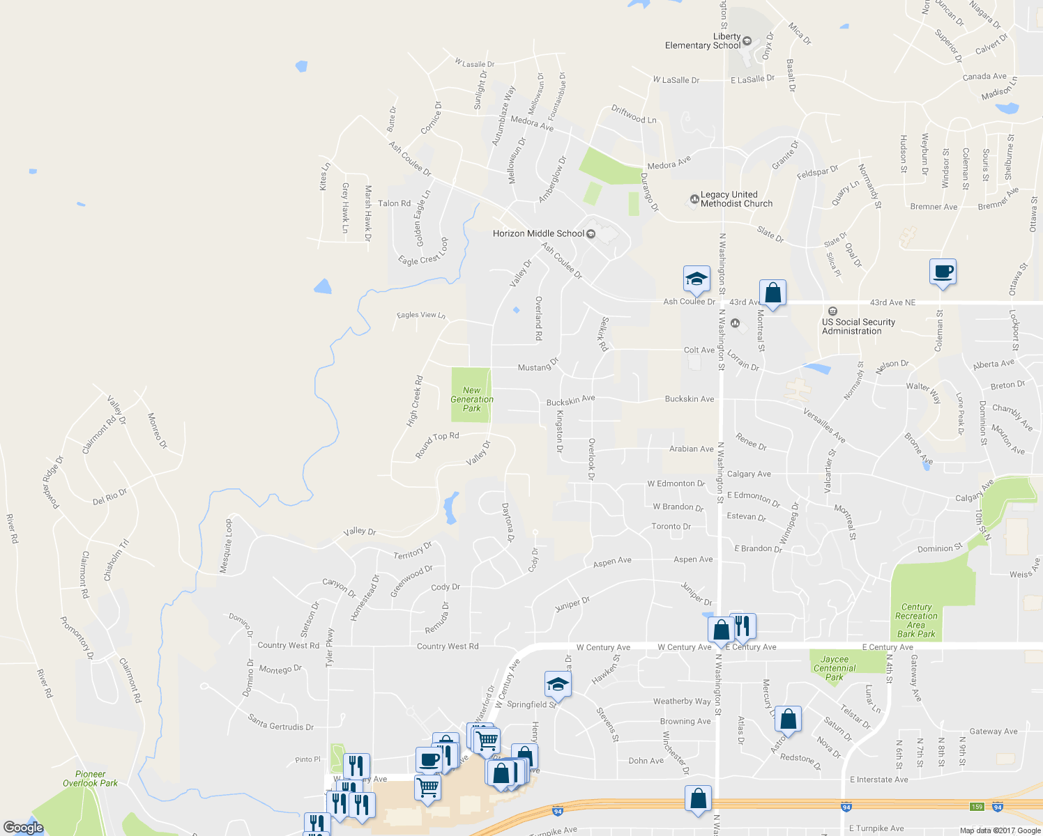 map of restaurants, bars, coffee shops, grocery stores, and more near 735 Saddle Ridge Road in Bismarck