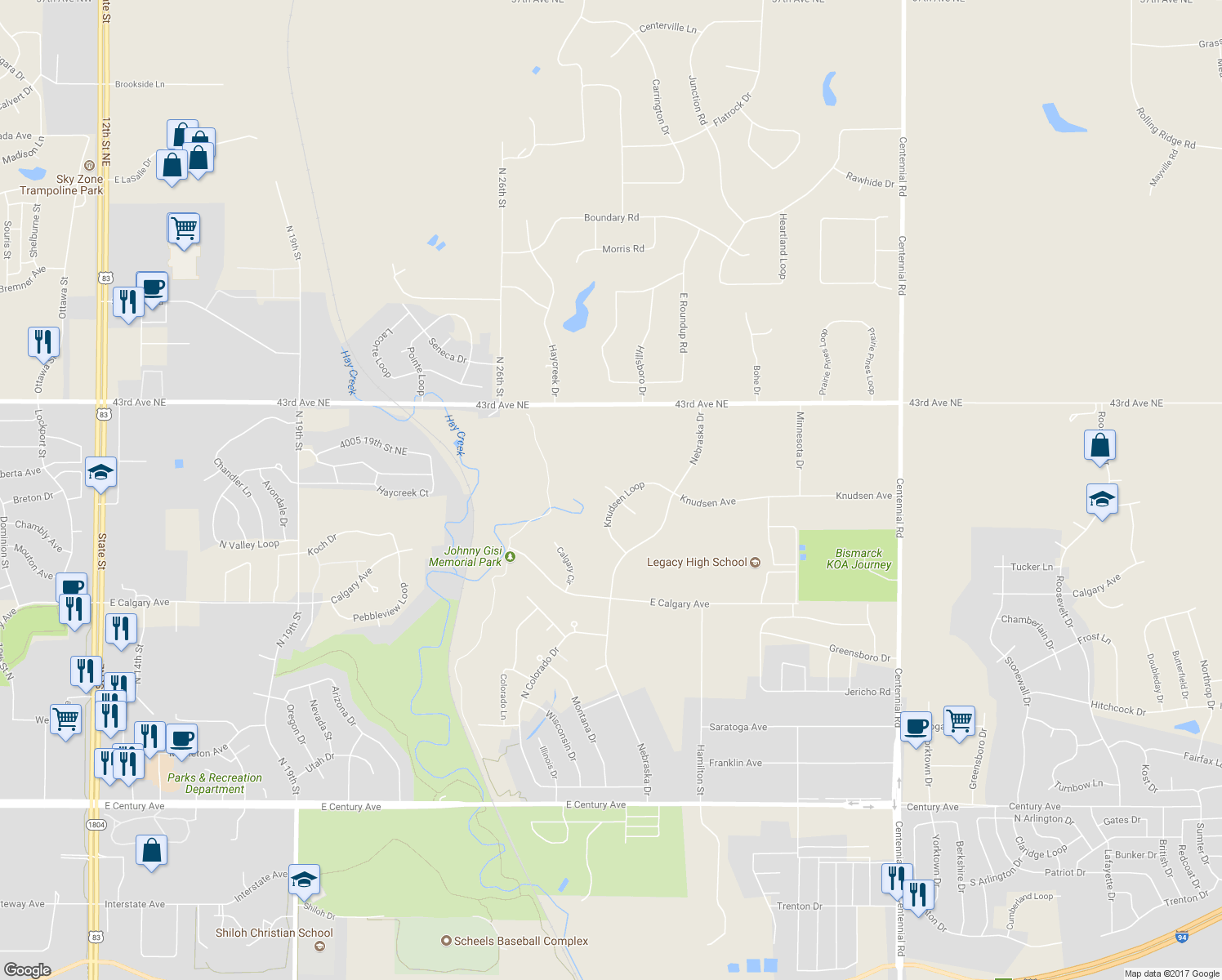 map of restaurants, bars, coffee shops, grocery stores, and more near New Rockford Place in Bismarck