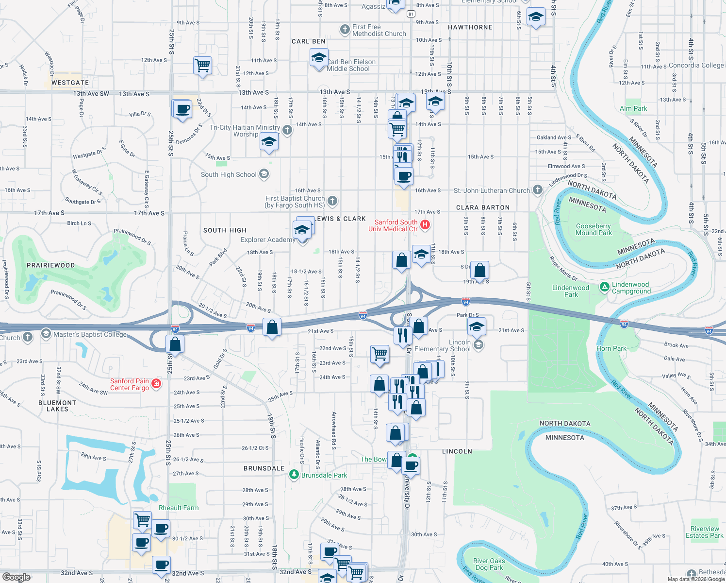 map of restaurants, bars, coffee shops, grocery stores, and more near 1902 14 1/2 Street South in Fargo