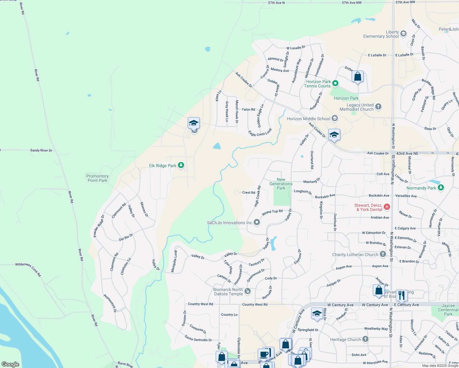 map of restaurants, bars, coffee shops, grocery stores, and more near 4010 High Creek Road in Bismarck