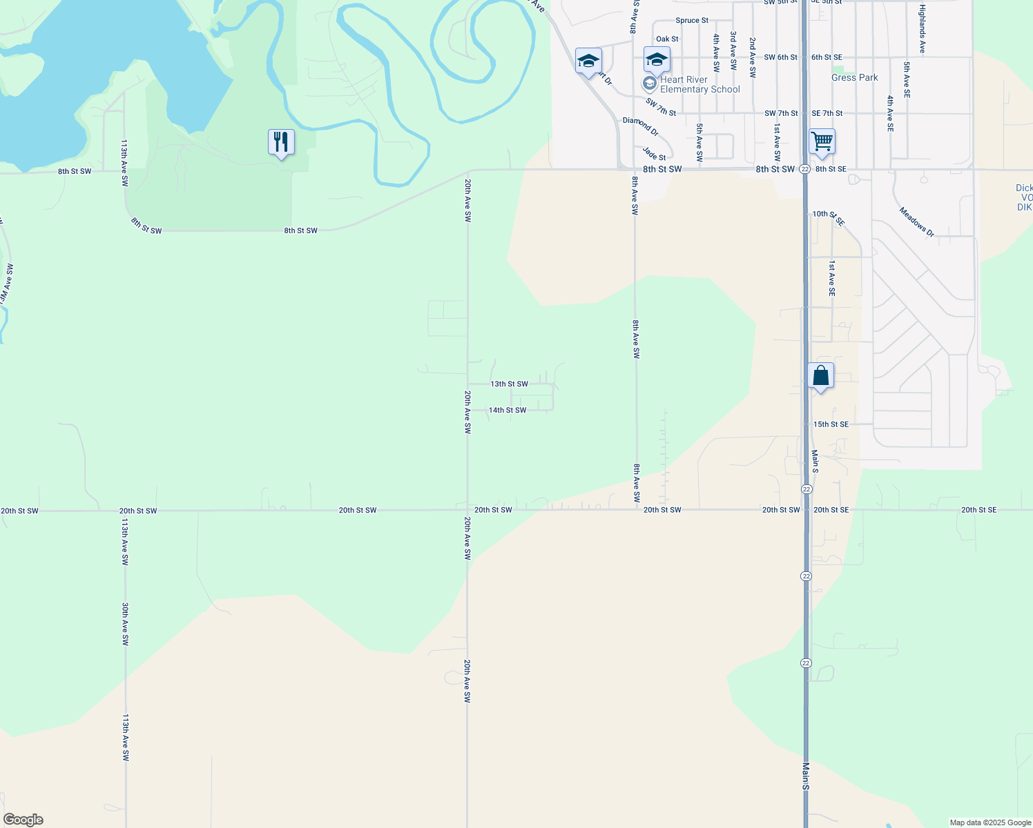 map of restaurants, bars, coffee shops, grocery stores, and more near 1463 14th Street Southwest in Dickinson