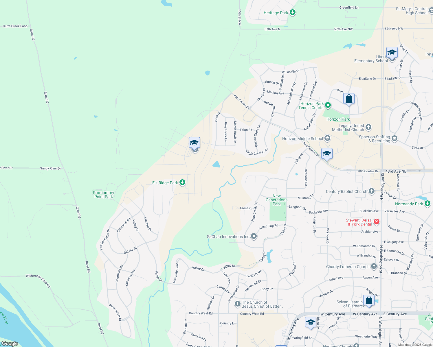 map of restaurants, bars, coffee shops, grocery stores, and more near 1412 Eagles View Lane in Bismarck