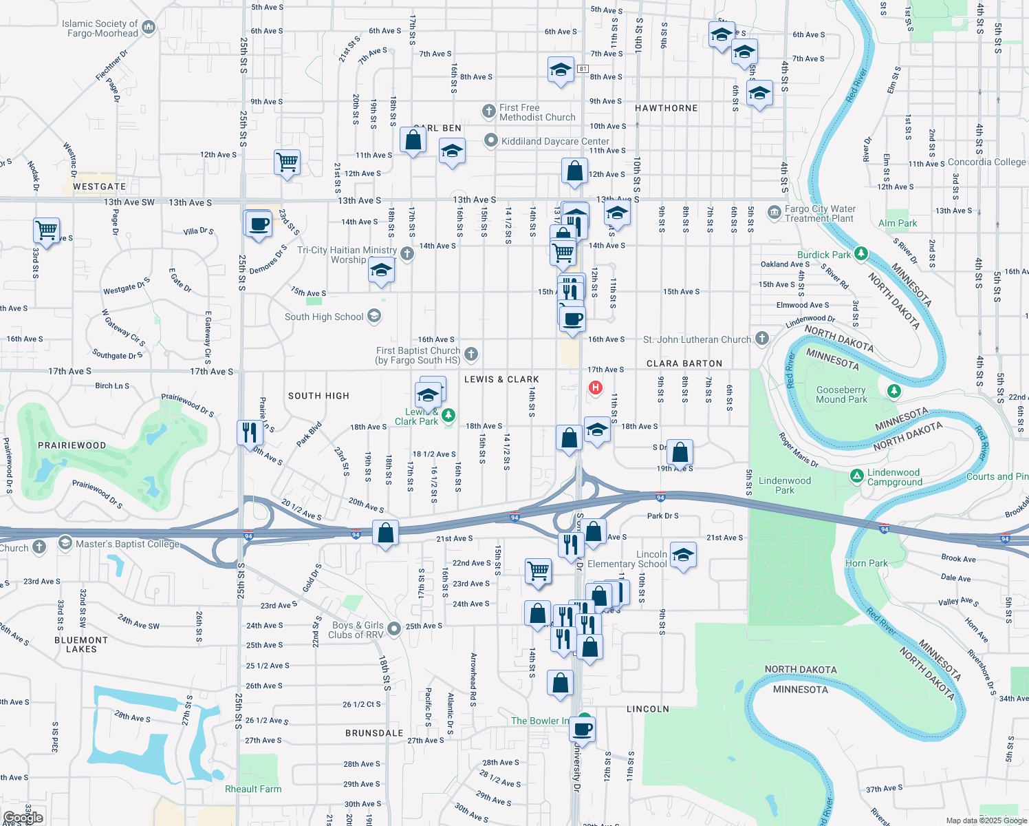 map of restaurants, bars, coffee shops, grocery stores, and more near 1742 14 1/2 Street South in Fargo