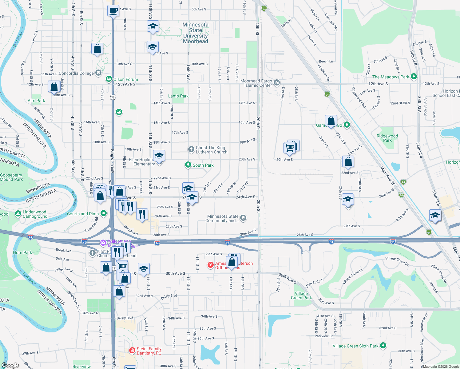 map of restaurants, bars, coffee shops, grocery stores, and more near 2215 19th Street South in Moorhead