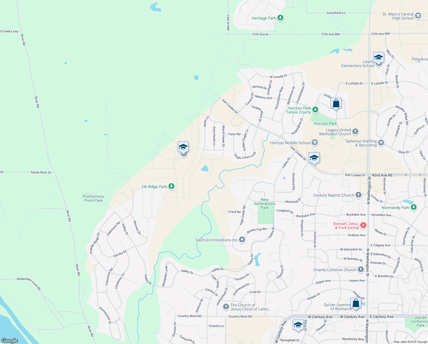 map of restaurants, bars, coffee shops, grocery stores, and more near 1412 Eagles View Lane in Bismarck